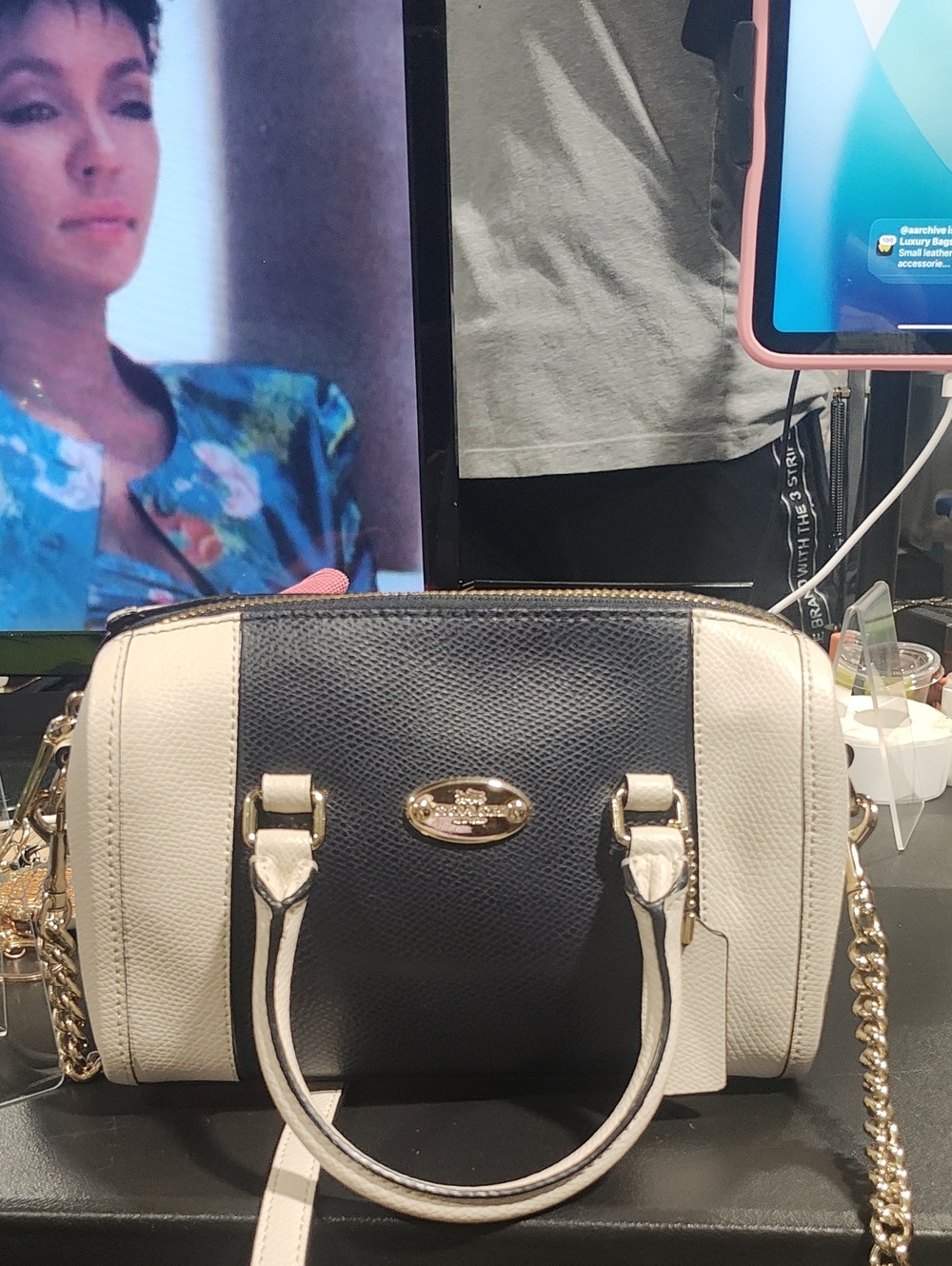 COACH Bennett In Black and Cream Leather Two-Tone Satchel